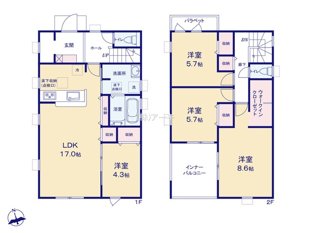 知多市日長台276『仲介手数料無料』新築一戸建て・建売の間取り|　1号棟　1F:LDK17帖に隣接する洋室4.3帖はお子様の遊び場・奥様の家事室に便利！ダイニング収納♪2F:主寝室8.6帖　WIC設置！洋室5.7帖・洋室5.7帖　CL設置♪ホール収納♪南面バルコニ