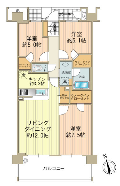 全居室新規フローリング、ウォークインクローゼット有りの３ＬＤＫ
玄関ポーチとトランクルームが有り