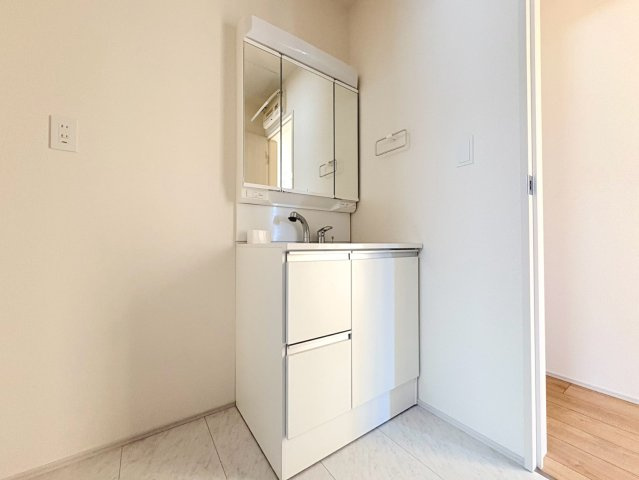 リーブルガーデン　岐阜市下奈良2丁目　全3区画分譲の独立洗面台|洗面化粧台 幅 750mm、軽く割れにくい洗面ボールと場所をとらないコンパクト設計の本体キャビネットです。
ミラー扉の内側は全て収納スペースです。リフトアップシャワーを採用し両手が自由に使えます