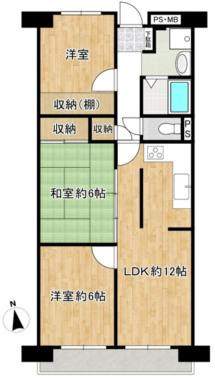 【間取り】 | 東大和グリーンタウン１号棟 | 約12.0帖のＬＤＫの３LDKの間取りです。和室がある為、落ち着いた空間になっております。