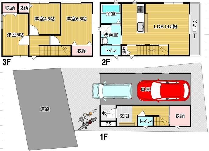 明石市二見町西二見　新築の間取り|3階建て　3LDK＋収納です。
