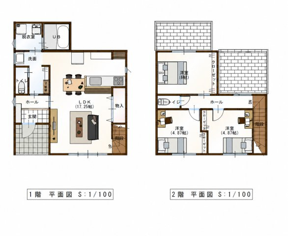 「南向きで日当たり良し」高知市福井町E号地　新築一戸建の間取り|17.25帖の明るいリビングには家族が自然と集まれます。パントリー収納付きでキッチンもスッキリ！