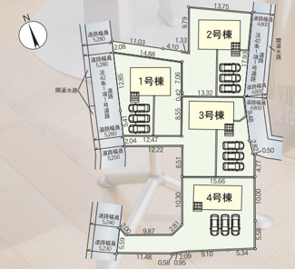 【区画図】 | 中央市西花輪 新築戸建全4棟 1号棟 車並列3台 敷地70坪 | 1号棟区画図　車並列3台分