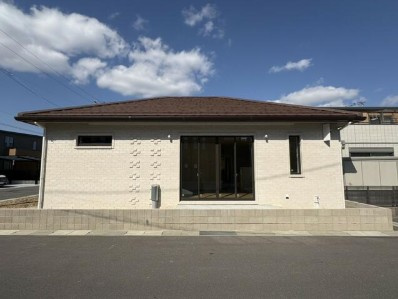 「角地で日当たり良し」南国市大そね甲B号地　平屋新築一戸建ての外観|花ブロック調のアクセントが彩る外壁