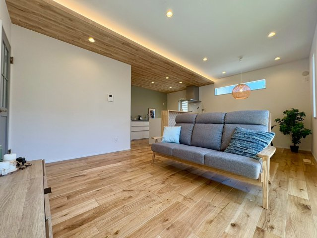 「角地で日当たり良し」南国市大そね甲B号地　平屋新築一戸建ての居間・リビング|間接照明が創り出す至福の空間
