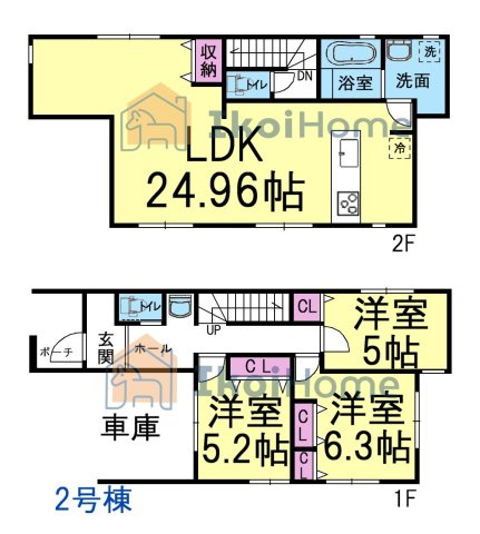 明石市大道町1丁目　全2棟　2号棟　新築戸建の間取り|●資料・カタログのご請求無料●2階LDK24.9帖は、視線が気にならず、広々して開放的です。