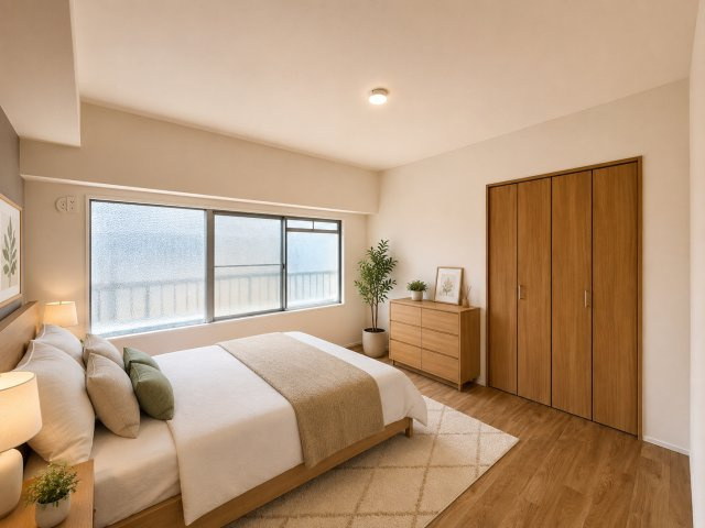 ハイマート弥刀のその他|大きな窓から光を取り込む洋室。壁面いっぱいの収納を備え、居住空間を広く使えます。
※家具・調度品はCGによる配置イメージです。