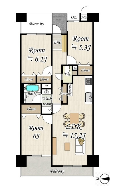 グランデュール鴨川Ⅱ番館の間取り|3LDK、価格2580万円、専有面積73.98㎡、バルコニー面積9.74㎡