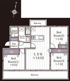 【間取り】 | 港南台ひばり団地9号棟 | 3LDK・最上階（5階）・南向きワイドバルコニー付き