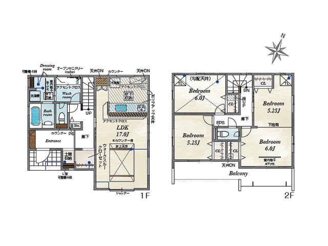 【間取り】 | 志木市中宗岡1丁目　新築一戸建住宅　全2棟　(丸井志木店) | カースペース2台分を確保した、住宅性能表示制度対応の住まい。設計・建設住宅性能評価を取得し、玄関土間収納やウォークスルークローゼットなど収納も充実しています。