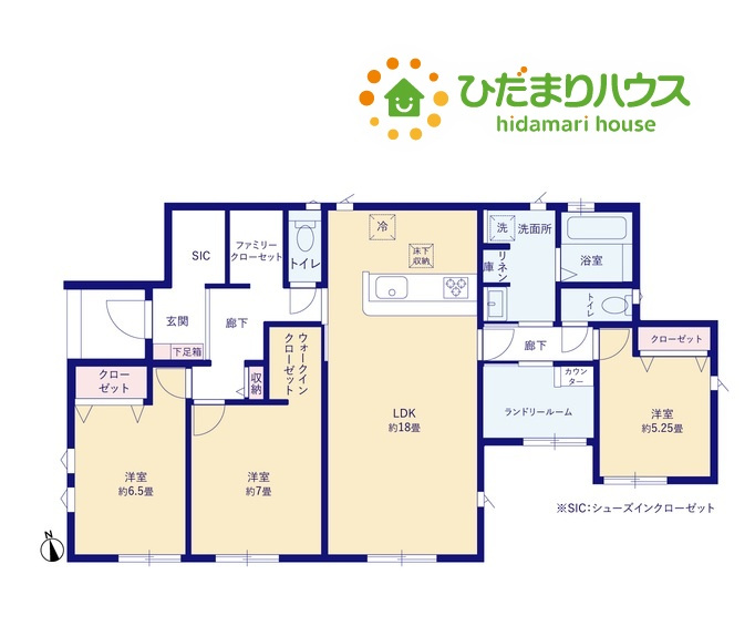 羽生市藤井上組2期　新築戸建　グラファーレ01の間取り|全居室南向きで冬場暖かく過ごせます！自然光を有効活用で省エネ♪
