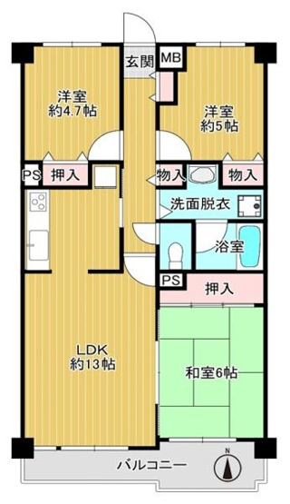 【間取り】 | エクセランス堺東 | 専有面積:64.03平米　バルコニー面積:8.65平米　間取り:3LDK