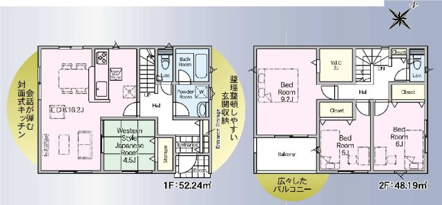 新築　前橋市北代田町第10-2期　クレイドルガーデン　5号棟の間取り|建物面積100.43㎡　全居室南向きで日当たり良好♪２帖のウォークインクローゼット・各部屋収納付きで便利です！インナーバルコニーなので急な雨でもお洗濯物も安心です。