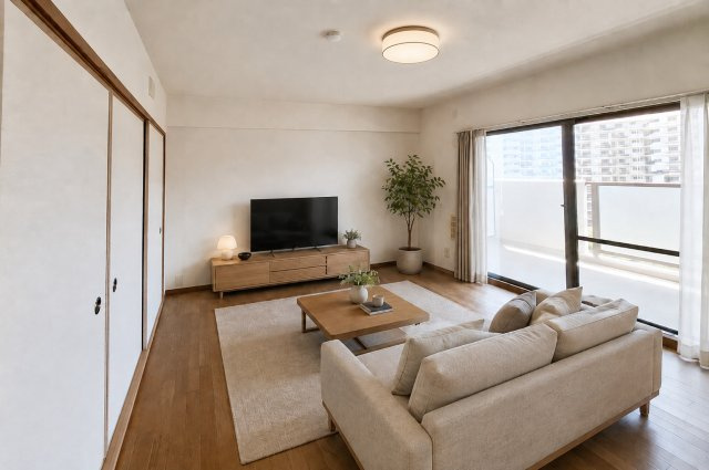 サンシティ貝塚五番館の居間・リビング|※バーチャルステージング画像（AI合成）です。合成された家具等は販売価格に含まれません。