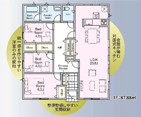 新築　前橋市北代田町第10-2期　クレイドルガーデン　7号棟の間取り|建物面積82.21㎡　広々20.8帖のLDKの憧れの平屋のお家♪各部屋収納付きで便利です！