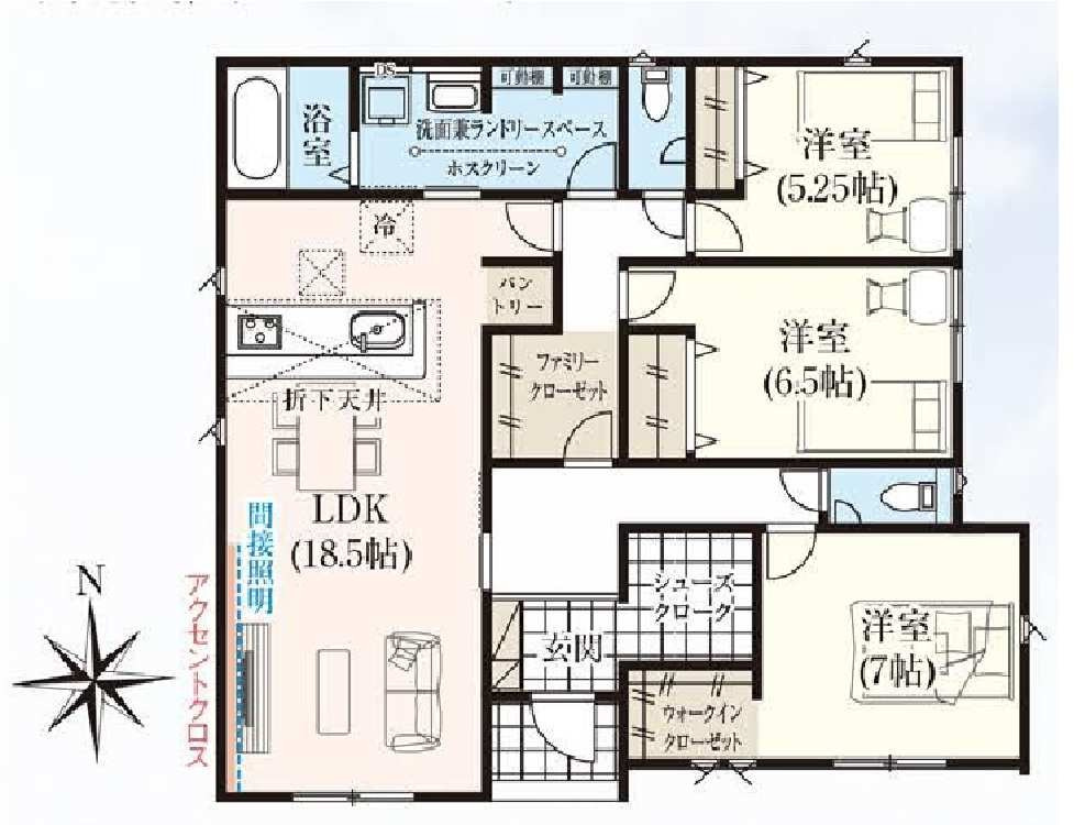 新築　佐波郡玉村町板井　GRAFARE　1号棟の間取り|建物面積98.54㎡　広々18.5帖のLDKの平屋のお家♪シューズインクローク・ウォークインクローゼット・パントリー・各部屋収納付きで便利！ホースクリーン付きなので室内干しも出来ます！