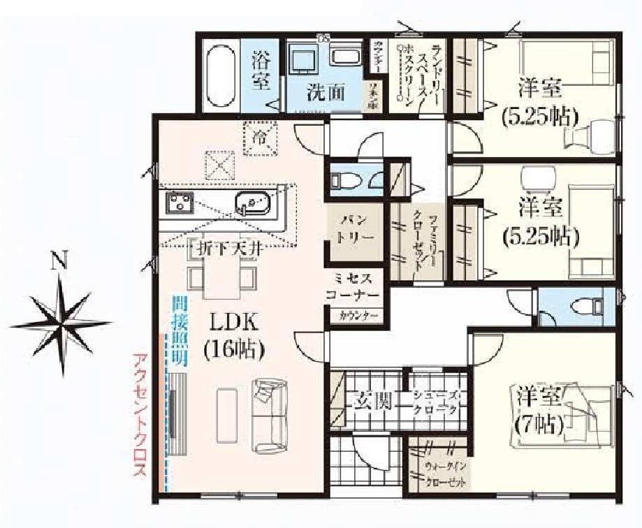 新築　佐波郡玉村町板井　GRAFARE　5号棟の間取り|建物面積96.05㎡　憧れの平屋のお家♪ミセスコーナー付きプラン！シューズインクローク・ウォークインクローゼット・パントリー・各部屋収納付きで便利！ホースクリーン付きなので室内干しも出来ます！