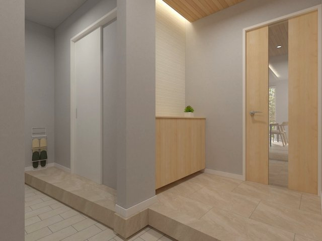 日進市梅森町｜名古屋市の戸建ならホームアップの玄関|【売主施工例】靴だけでなくベビーカーやアウトドアグッズの収納に便利なSIC