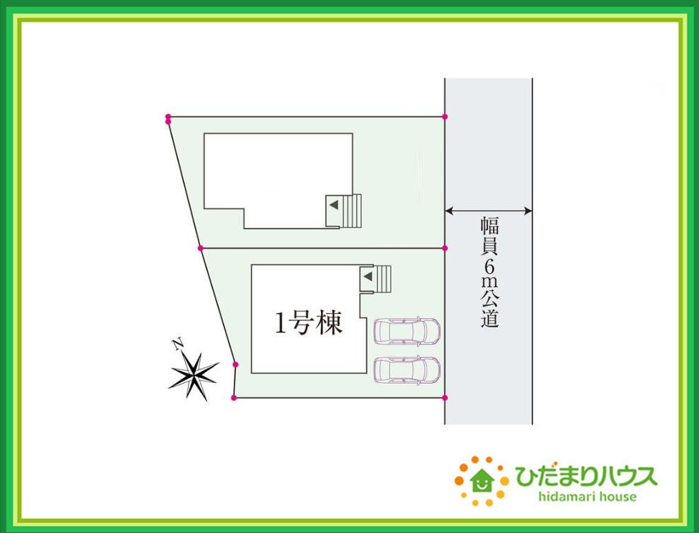 須賀川森宿　新築戸建　1号棟の区画図|前面道路幅6ｍ☆車の出入りもラクラクできちゃいます(^^♪