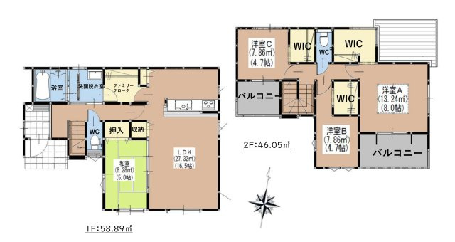 福岡市早良区野芥7丁目第6-1棟（1号棟）の間取り|全居室収納付きで便利です。