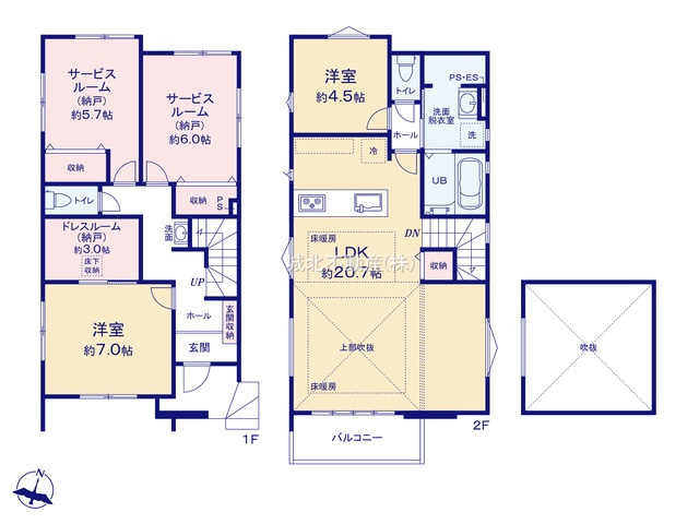 練馬区下石神井2丁目 全2棟 1号棟の間取り|建物面積115.75㎡（建物面積に車庫面積6.37㎡を含む）
2階建て4LDK（納戸表記を含む）
約20.7帖のLDKは吹抜け+多面開口で開放感ある空間です