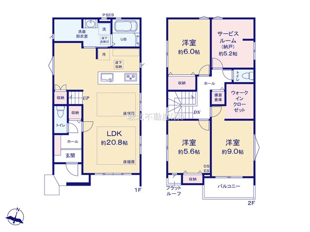 練馬区下石神井2丁目 全2棟 2号棟の間取り|建物面積115.30㎡（建物面積に車庫面積5.07㎡、備蓄倉庫面積0.82㎡を含む）
2階建て4LDK（納戸表記を含む）
約20.8帖のLDKは多面開口で開放感ある空間です