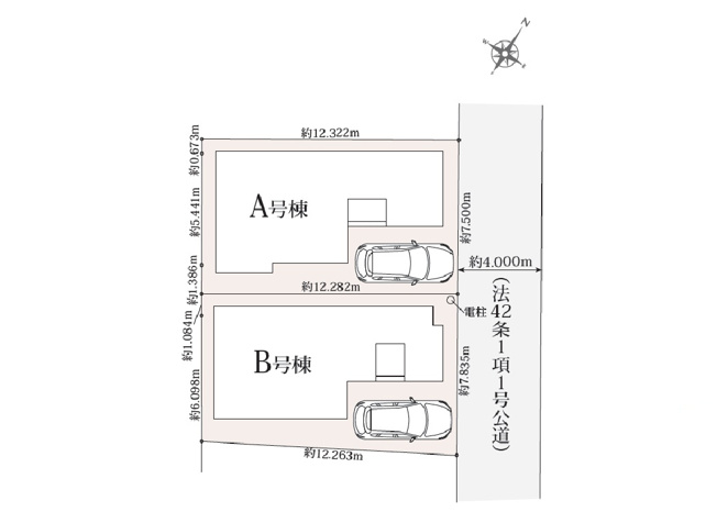 【区画図】 | ふじみ野市上福岡4丁目　新築一戸建住宅　全2棟　B号棟(ふじみ野店) | 全体区画図：カースペース完備の整形地。保育園徒歩4分、コンビニ徒歩7分、スーパー徒歩8分、ドラッグストア徒歩8分の充実した住環境。