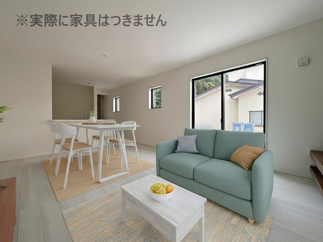 新築戸建・新築建売　郡山市安積西長久保　安積第一小・安積中の居間・リビング|画像はバーチャルホームステージングの加工による演出で、実際の家具は付きません。