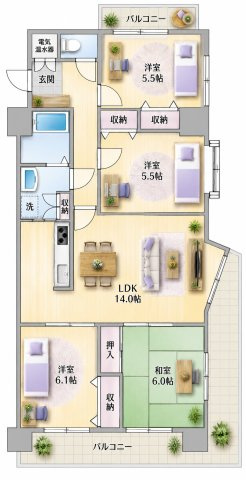 【間取り】 | ロワールマンション古賀☆仲介手数料無料☆ | ※本図に表示されている家具・家電・照明・インテリア・観葉植物等は、AIによる配置イメージです。実際には設置されておらず、売買対象にも含まれません。図面と現況が相違する場合は、現況を優先いたします。