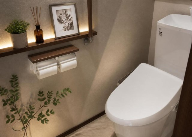 【トイレ】 | 温水洗浄便座を設置した清潔感あふれるトイレは、1階と2階の合計2ヶ所に備わっています。朝の忙しい時間帯でもご家族でゆとりを持って利用でき、来客時にも気を遣わずに使えて非常に便利な設備仕様です。