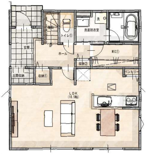 「洗面直結WIC完備」高知市城山町　新築一戸建ての間取り|1階間取り
