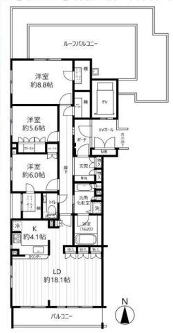 ヒルズ小竹向原の間取り|専有面積105.39㎡の3LDK＋2WIC 23.02㎡のルーフバルコニーは多目的お使いいただけます