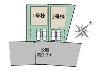 【区画図】 | 南区若松3丁目 1号棟 | １号棟　南東側9.7m道路　カースペース並列で２台（車種による）