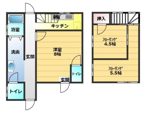 【間取り】 | ヤマハ前売テナント | 【入居中】住居部分、間取り：３Ｋ、住居部分は店舗と繋がっていません。