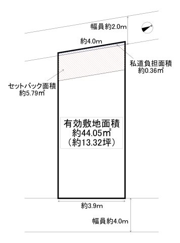 阿倍野区共立通1丁目の土地図|有効敷地面積約44.05㎡（約13.32坪）の土地です。前面道路は幅員約4.0ｍ、間口は約3.9ｍ～4.0ｍあり、建築プランを検討しやすい整形に近い敷地形状です