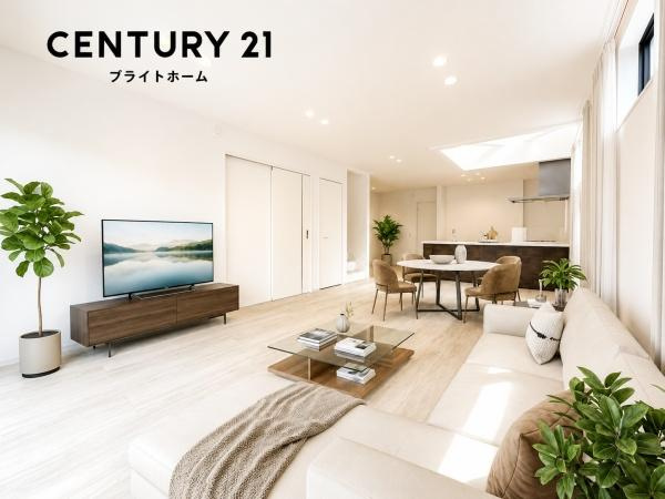横浜市泉区和泉中央南４丁目の新築一戸建の居間・リビング|自慢したくなるリビング！
形も良く家具の配置にも困りません。
※家具等はＣＧでの参考レイアウトです。