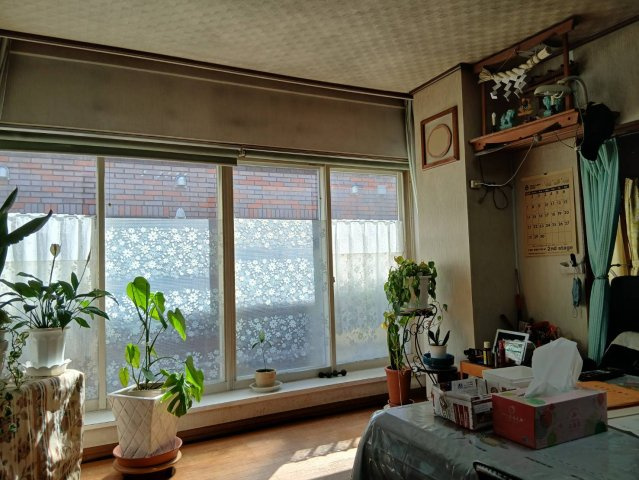 芦野5丁目★広々55坪の店舗付き住宅が980万円！の居間・リビング|大きな窓と緑あふれる陽だまりリビングで寛ぐ毎日