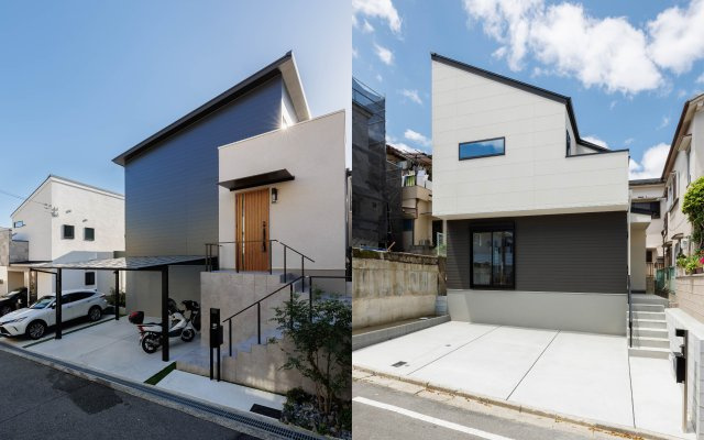 【建築条件無し】 牧野本町 28坪の平坦地のその他|【施工事例：外観】いずれも片流れの屋根でスマートな印象を与えます。立体感のある家、色で魅せるオシャレな家など多様なデザインを建築させていただいています。