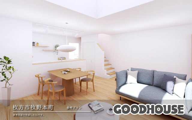 【建築条件無し】 牧野本町 28坪の平坦地の外観パース|【参考プラン】爽やかな白基調のナチュラルテイスト。
