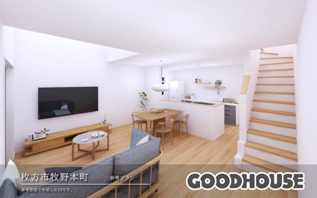 【建築条件無し】 牧野本町 28坪の平坦地の外観パース|【参考プラン】吹き抜けが空間に広がりと明るさをプラスします。