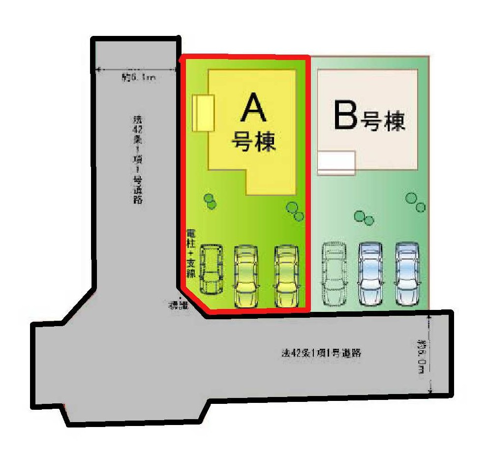 新築　佐波郡玉村町下新田　Heartful　Town　A号棟の区画図|A号棟　区画図　南側接道幅員約6ｍ　西側接道幅員約6.1ｍ			
	
