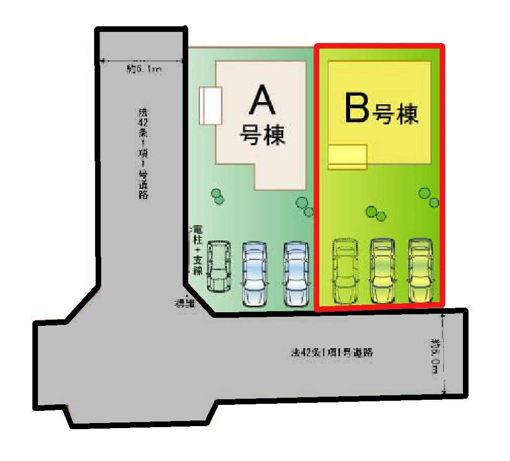 新築　佐波郡玉村町下新田　Heartful　Town　B号棟の区画図|B号棟　区画図　南側接道幅員約6ｍ　