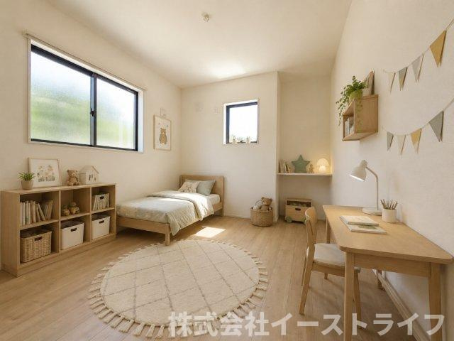 【新築戸建】（予約あり）　いわき市中岡町1丁目1期　長期優良住宅の子供部屋|2号棟の子供部屋に家具を配置したイメージ画像です。※本画像はCGで作成しており、実際に現地に 家具は置かれておりません。また、価格に 家具は含まれておりません。