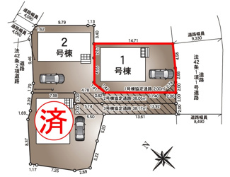 【区画図】 | 富田小学校・富田中学校区　GRADLE GAEDEN 郡山市富田町　第２３　全３棟　１号棟 | 【区画図】１号棟　駐車スペース３～４台と広々しています。