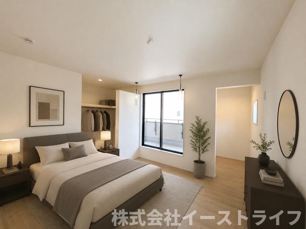 【新築戸建】　いわき市中岡町1丁目1期　長期優良住宅の寝室|2号棟の寝室に家具を配置したイメージ画像です。※本画像はCGで作成しており、実際に現地に 家具は置かれておりません。また、価格に 家具は含まれておりません。