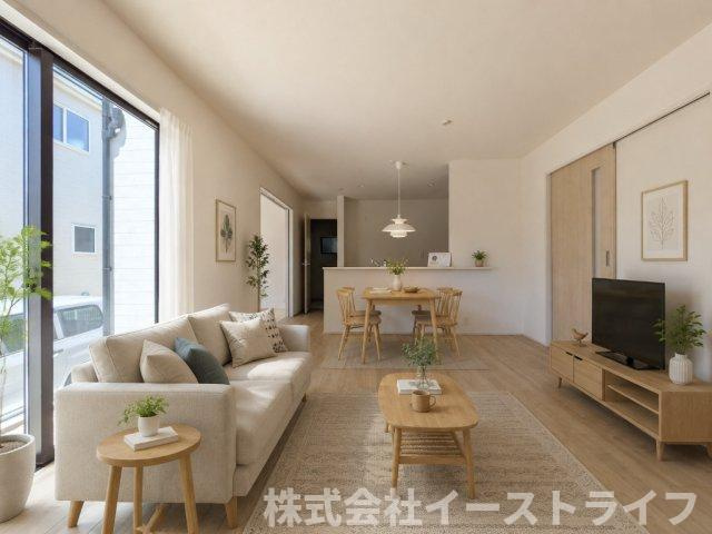 【新築戸建】　いわき市中岡町1丁目1期　長期優良住宅の居間・リビング|2号棟のLDKに家具を配置したイメージ画像です。※本画像はCGで作成しており、実際に現地に 家具は置かれておりません。また、価格に 家具は含まれておりません。
