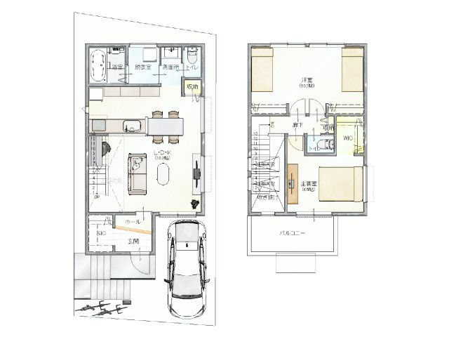 ツバキスタイルIRO（イロ）枚方市藤阪中町の間取り|（IRO イロ）間取り図
1階45.56㎡　2階39.89㎡　延床85.45㎡
自然光が家全体に降り注ぐ間取りです。