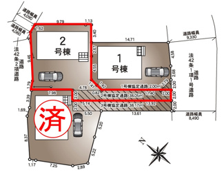 【区画図】 | 富田小学校・富田中学校区　GRADLE GAEDEN 郡山市富田町　第２３　全３棟　２号棟 | 【区画図】２号棟　駐車スペース３～４台と広々しています。