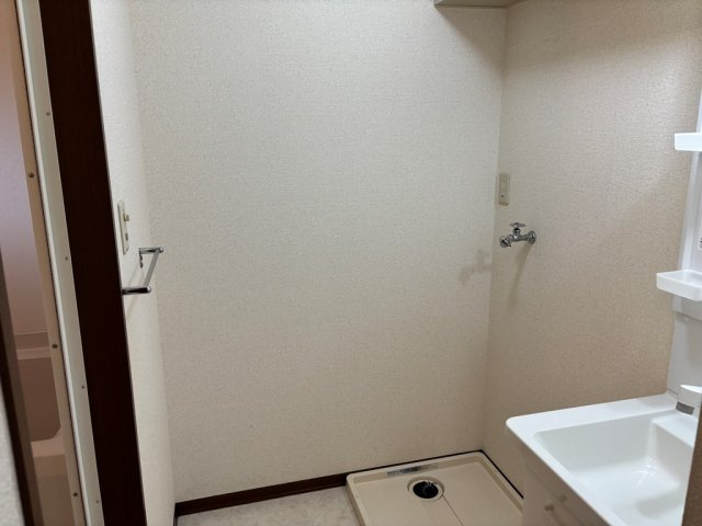 洗面所にある洗濯機置き場です。上部に棚があり洗剤が置けます♪