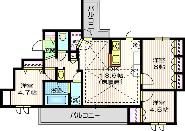 Garden　Courtの間取り|リビングに床暖房あり